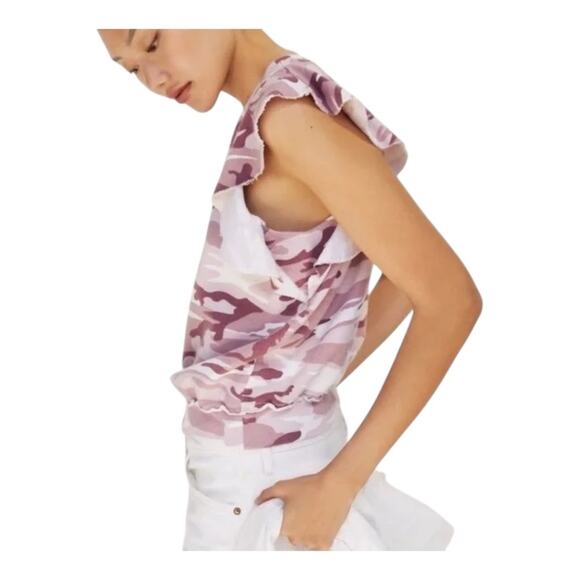 Anthropologie T. La Sleeveless Ruffle Sweatshirt Rose Camo Print XL NWT - Picture 14 of 15